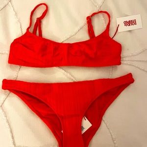 Solid & stripes matching bikini set - M - candy red